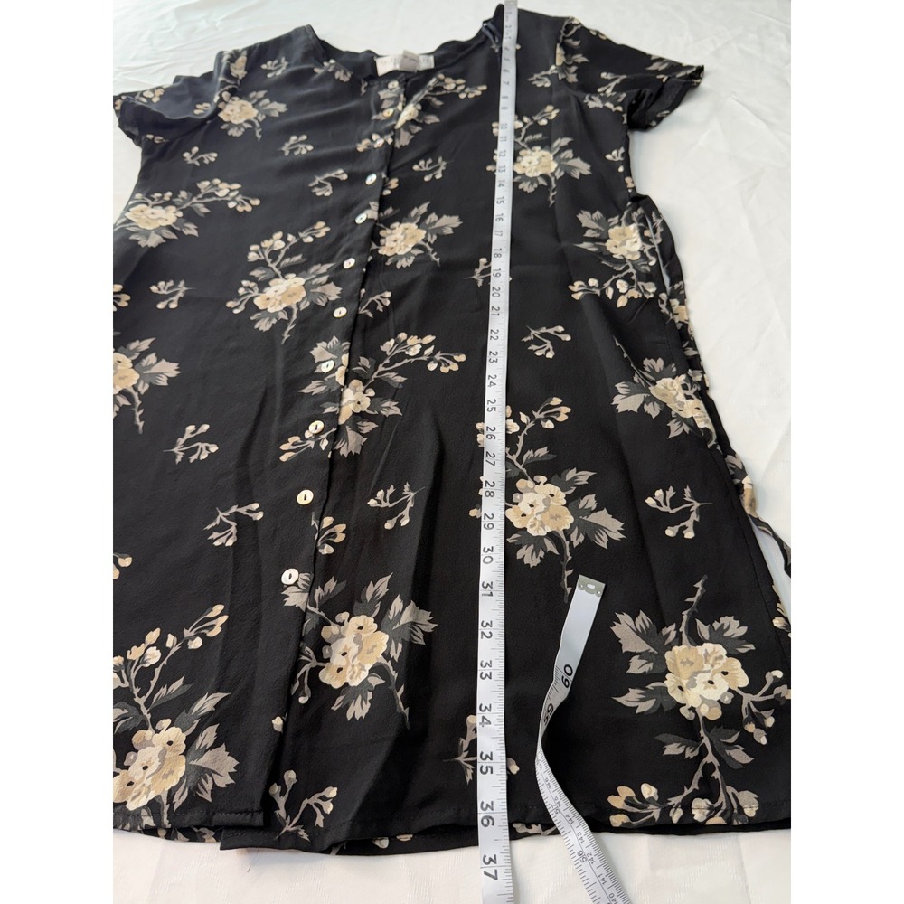 Vintage 90s Valerie Stevens Pure Silk Black Floral Mini Dress Button Front 8 - Picture 7 of 8
